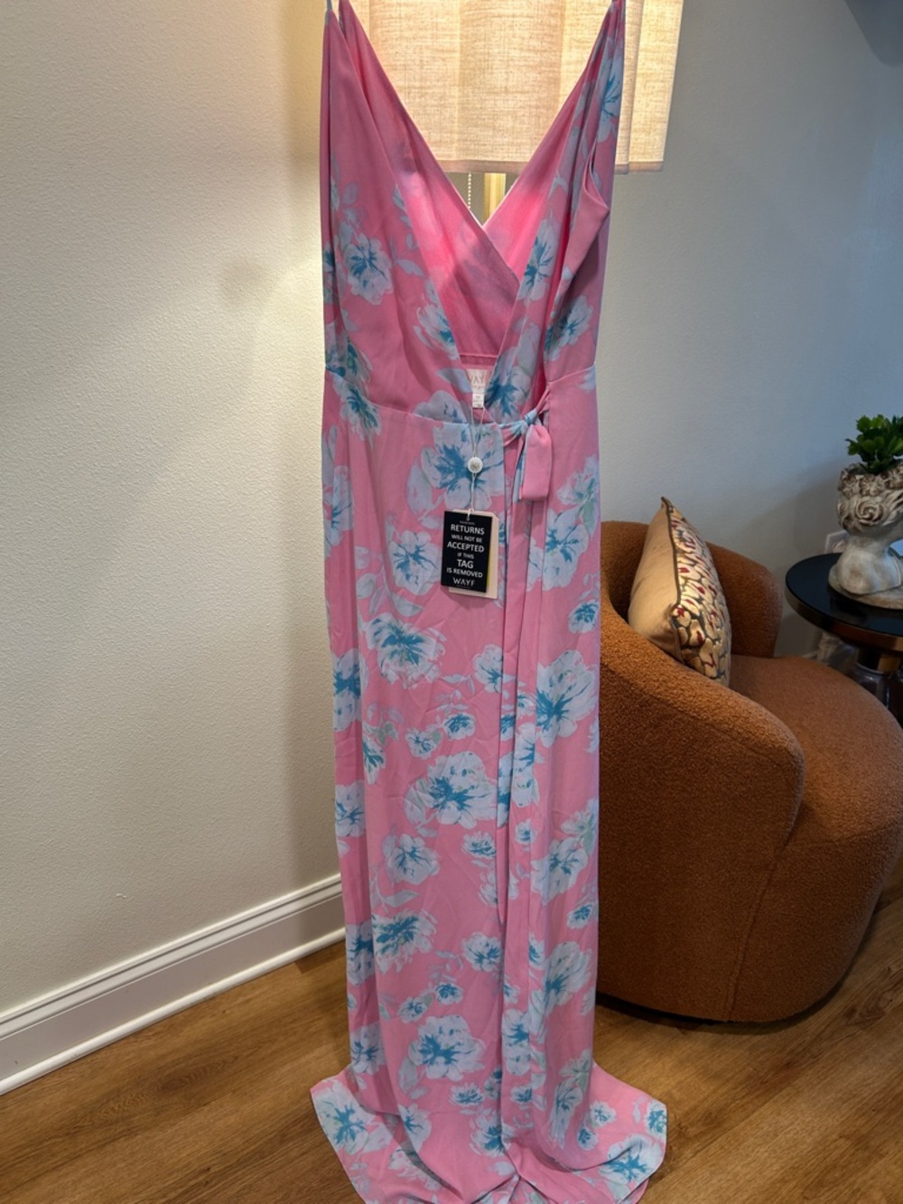 Wayf Pink Floral chiffon Sundress with Blue Accents med